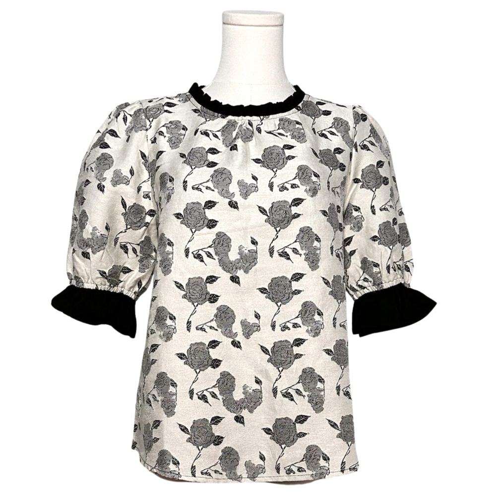 Voy NWT Black White Jacquard Rose Print Puff Sleeve Blouse Small Romantic